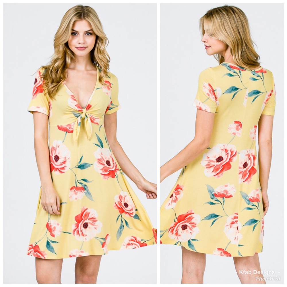 🛍LAST 1! Yellow Floral Front Knot Dress! - Picture 5 of 8